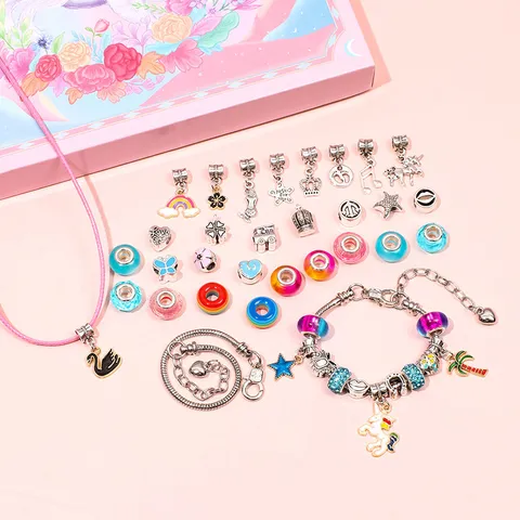 Kinderen DIY Armband Ketting Maken Kit Cartoon Eenhoorn Legering Strass Kunstparels Sieraden Cadeauverpakking Voor Meisjes