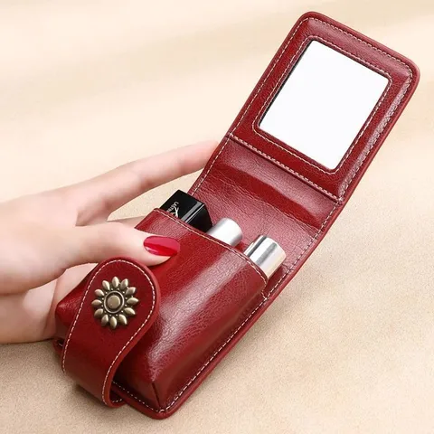 Mini Borsa Cosmetica Portatile in Pelle PU Con Specchio Fibbia a Girasole Piccola Custodia per Rossetto per Donna Viaggio