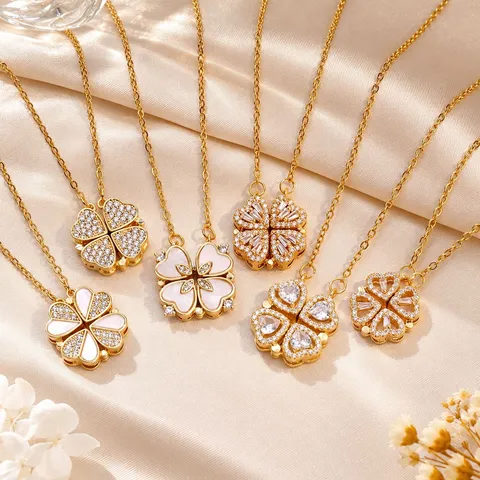 Titaniumstaal Klavertjevier Hart Vouwen Hanger Ketting Goud Zilver Vergulde Zirconia Sleutelbeenketting Sieraden Voor Vrouwen