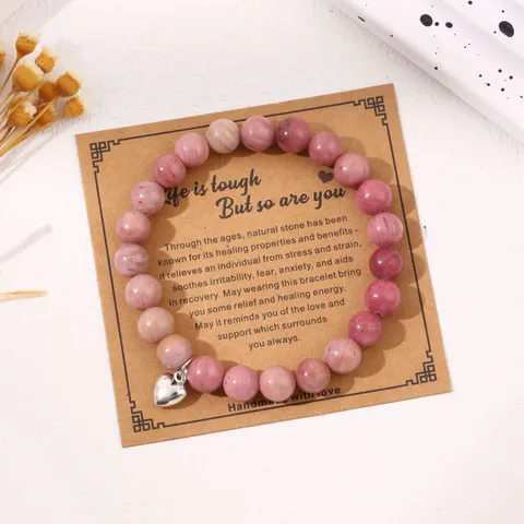 8mm Natural Stone Beaded Bracelet With Silver Heart Pendant Handmade Jewelry Friendship Gift With Card For Women Men