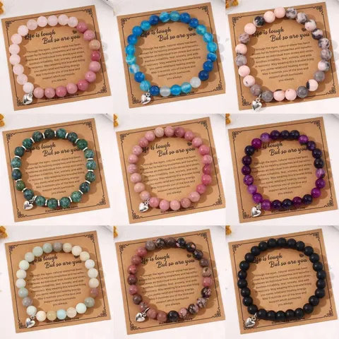 8mm Natural Stone Beaded Bracelet With Silver Heart Pendant Handmade Jewelry Friendship Gift With Card For Women Men