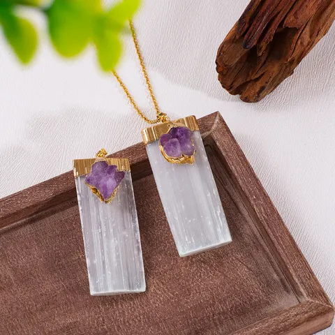 Natural Selenite Gypsum Strip Amethyst Cluster Pendant Necklace Gold Plated Inlaid Crystal Point Bar Necklace Healing Stone Jewelry For Women