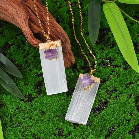 Natural Selenite Gypsum Strip Amethyst Cluster Pendant Necklace Gold Plated Inlaid Crystal Point Bar Necklace Healing Stone Jewelry For Women