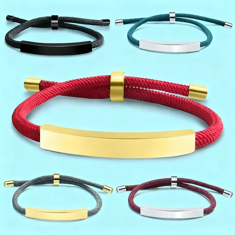 Custom Engravable Stainless Steel Woven Rope Bracelet Minimalist Adjustable ID Bar Bracelet For Women Men Holiday Gift Jewelry