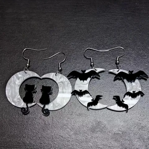 Pendientes de Botón de Halloween Acrílico Murciélago Luna Gato para Mujer Poste de Acero Inoxidable Joyería de Fiesta Gótica