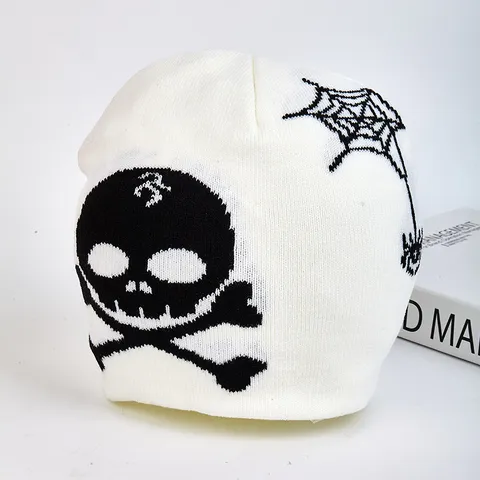 Hip Hop Skull Knit Beanie Hat For Men Women Streetwear Spider Web Jacquard Warm Winter Cap Halloween Party Accessories