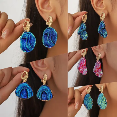 Orecchini a Bottone a Forma di Ventaglio Blu Vintage in Resina Druzy Smalto Gioielli in Lega Perno in Argento Orecchini Retrò da Donna