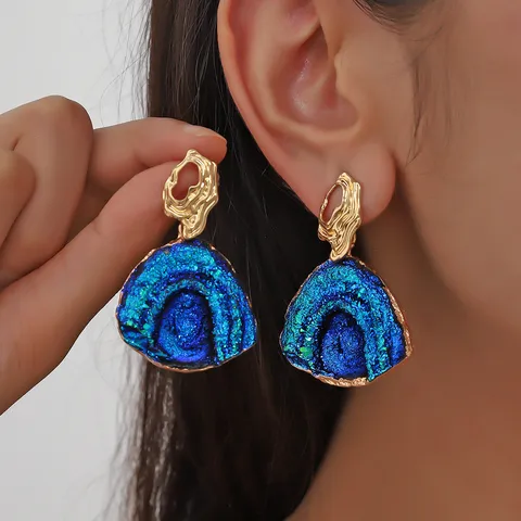 Orecchini a Bottone a Forma di Ventaglio Blu Vintage in Resina Druzy Smalto Gioielli in Lega Perno in Argento Orecchini Retrò da Donna