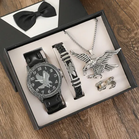 Heren Zakelijk Horloge Sieraden Cadeauset Legering Kwartshorloge Leren Armband Adelaar Schorpioen Hanger Ketting Ring Voor Heren