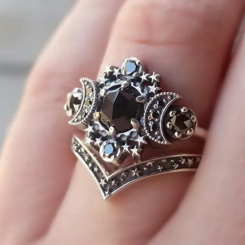 Juego de Anillos Diosa Luna y Estrella de Aleación de Zinc y Strass Vintage Juego de Anillos de Compromiso Goth para Mujer Joyería