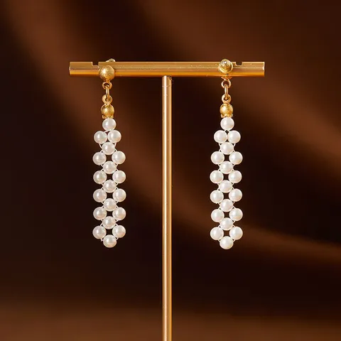 Vintage Woven Artificial Pearl Drop Earrings For Women 925 Sterling Silver Post Gold Plated Tassel Stud Earrings Luxury Niche Jewelry