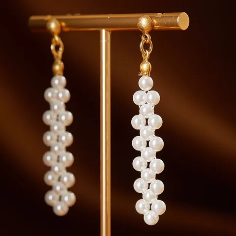Vintage Woven Artificial Pearl Drop Earrings For Women 925 Sterling Silver Post Gold Plated Tassel Stud Earrings Luxury Niche Jewelry