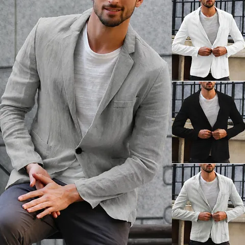 Giacca Blazer Casual da Uomo in Lino e Cotone Vestibilità Slim Tinta Unita Colletto a Revers Manica Lunga per Primavera Autunno