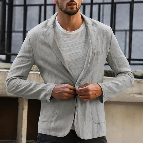 Giacca Blazer Casual da Uomo in Lino e Cotone Vestibilità Slim Tinta Unita Colletto a Revers Manica Lunga per Primavera Autunno