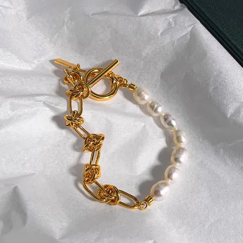 Elegantes Asymmetrisches Armband Mit Künstlicher Perle Und Knebelverschluss Für Damen 18K Vergoldet Knotenkette Modeschmuck