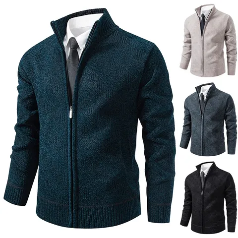 Men Stand Collar Knit Jacket Full Zip Fleece Lined Warm Sweater Coat Business Casual 3D Texture Outerwear Top