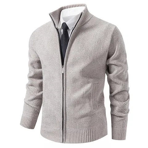 Men Stand Collar Knit Jacket Full Zip Fleece Lined Warm Sweater Coat Business Casual 3D Texture Outerwear Top