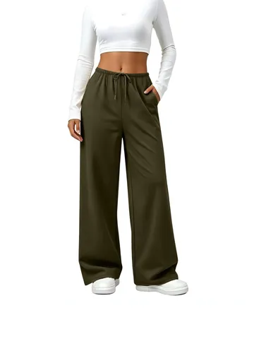 Dames Casual Wijde Pijpen Joggingbroek Hoge Taille Trekkoord Losse Broek Effen Kleur Gebreide Joggers Met Opgestikte Zakken Voor Dagelijkse Sport Thuis