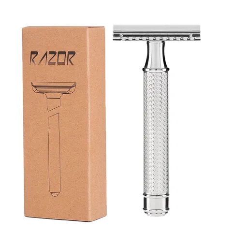 Classic Manual Double Edge Safety Razor For Men Metal Non-Slip Handle Vintage Silver Chrome Shaver Traditional Shaving Razor Set