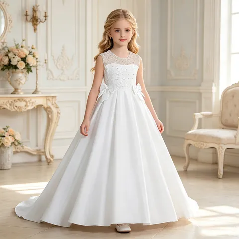 Abito da Damigella per Matrimonio Vestito da Concorso per Bambina Ricamato in Raso con Fiocco e Strascico per Festa Serale