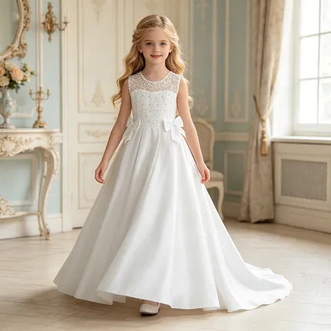 Abito da Damigella per Matrimonio Vestito da Concorso per Bambina Ricamato in Raso con Fiocco e Strascico per Festa Serale