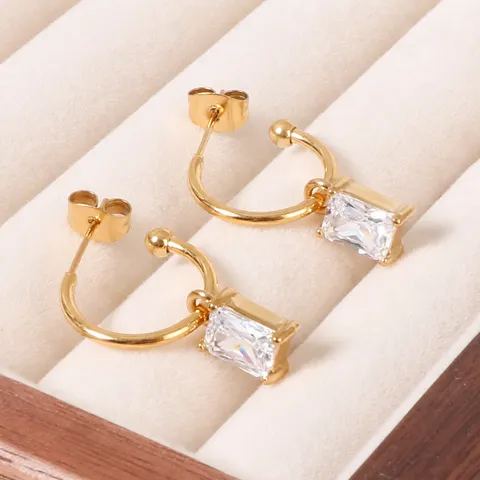 18K Gold Zirconia Drop Earrings French Vintage Rectangle Blue Pink Green Zirconia Inlaid Metal Hoop Dangle Earrings Women Jewelry Gift