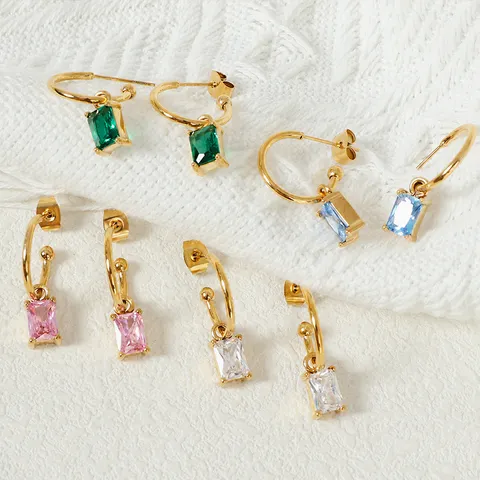 18K Gold Zirconia Drop Earrings French Vintage Rectangle Blue Pink Green Zirconia Inlaid Metal Hoop Dangle Earrings Women Jewelry Gift