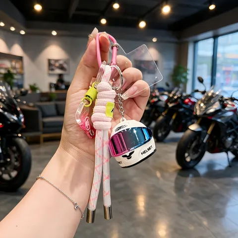 Sporty Motorcycle Helmet Keychain Gradient Shield Braided Rope Bag Charm Ins Style Cool Key Ring Accessories