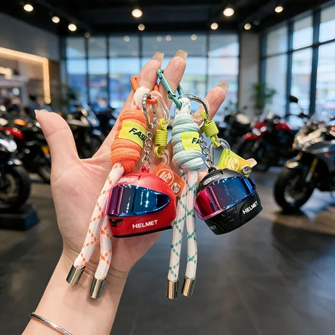 Sporty Motorcycle Helmet Keychain Gradient Shield Braided Rope Bag Charm Ins Style Cool Key Ring Accessories