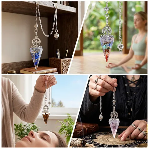 Vintage Tree Of Life Crystal Pendulum Pendant Hexagonal Cone Resin Natural Stone Necklace For Yoga Meditation Healing Energy Women Jewelry