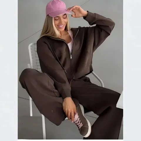 Women's Solid Color Sporty Tracksuit Full Zipper Hoodie and Wide Leg Pants Top And Bottom Comfortable Casual Loungewear