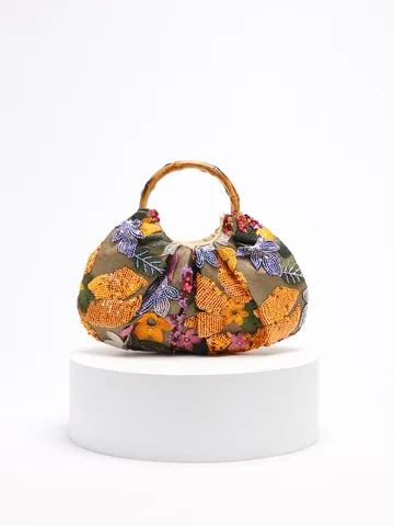 Women New Chinese Style Bamboo Handle Handbag Elegant Sequin Floral Embroidery Pleated Tote Bag Retro Vacation Style Handheld Bag