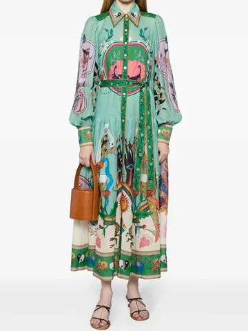 Dames Retro Boheems Bedrukte Maxi-Jurk Lantaarnmouwen Geplooide A-Lijn Lange Jurk Voor Vakantie Casual Kleding Hoge Kwaliteit Bedrukte Jurk