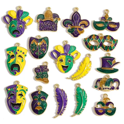Mardi Gras Mask Charms For DIY Jewelry Making Alloy Enamel Drip Oil Pendants Jester Hat Feather Masquerade Party Decoration Charms