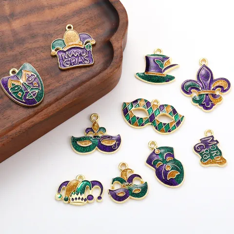 Mardi Gras Mask Charms For DIY Jewelry Making Alloy Enamel Drip Oil Pendants Jester Hat Feather Masquerade Party Decoration Charms