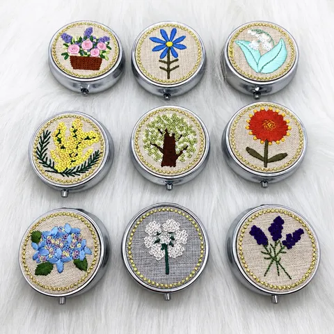 Vintage Embroidered Floral Metal Pill Box Round Portable Medicine Case With 3 Compartments Handcrafted Flower Trinket Organizer