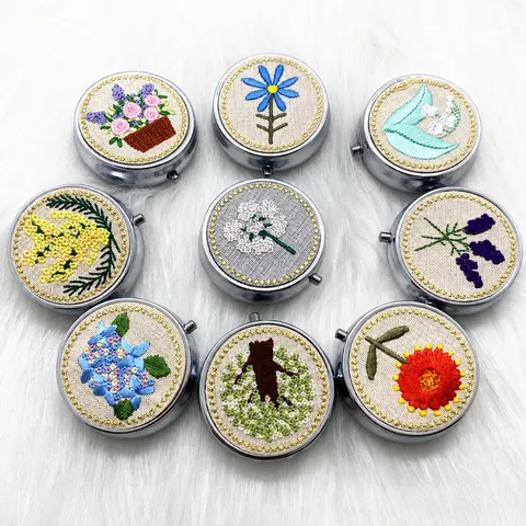 Vintage Embroidered Floral Metal Pill Box Round Portable Medicine Case With 3 Compartments Handcrafted Flower Trinket Organizer