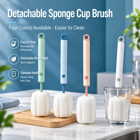 Long Handle Sponge Cup Brush Detachable Bottle Cleaning Brush For Thermos Tea Cup Baby Bottle Household Kitchen Cleaning Tool