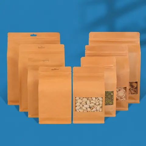 Bolsa Empaque Alimentos Papel Kraft Octogonal Cierre Cremallera Ventana Esmerilada Interior Aluminizado Bolsa Reutilizable Gruesa Antihumedad