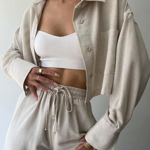 Dames Top En Broek Effen Kleur Revers Overhemd Trekkoord Hoge Taille Broek Casual Kantoor Lounge Wear Polyester Kleding