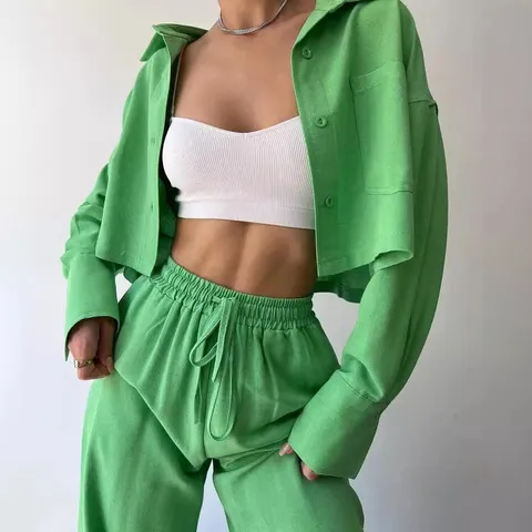 Dames Top En Broek Effen Kleur Revers Overhemd Trekkoord Hoge Taille Broek Casual Kantoor Lounge Wear Polyester Kleding