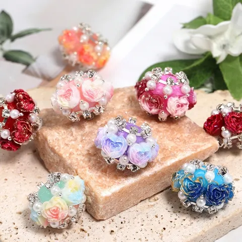 Acrylic Polymer Clay Rose Flower Heart Beads With Rhinestone Artificial Pearl For DIY Jewelry Making Beaded Pen Finding