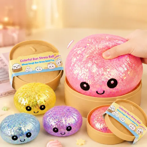 Simulation Bun Squishy Toy Glitter Bead Stress Relief Fidget Toy Cute Cartoon Smile Face Slow Rising Sensory Toy For Kids Adults