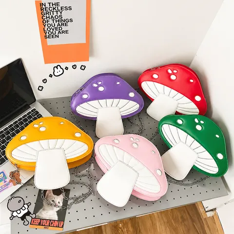 Cute Cartoon Mushroom Shaped Crossbody Bag For Women Fashion PU Leather Chain Strap Shoulder Bag Novelty Messenger Purse