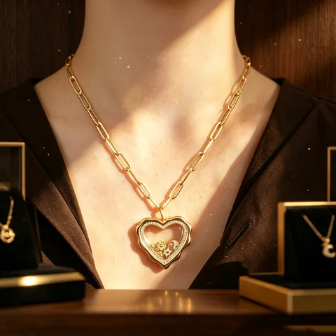 Irregular Heart Floating Charm Locket Necklace Copper Gold Rhinestone Hollow Pendant For Women Jewelry Gift