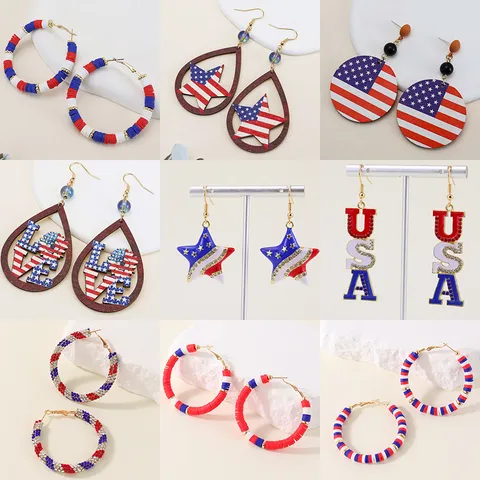 American Independence Day Polymer Clay Hoop Earrings Retro Red White Blue Star USA Letter Rhinestone Exaggerated Jewelry For Women