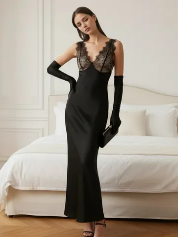 Vestido Largo de Satén Sexy para Mujer Cuello en V Patchwork de Encaje Elegante Ajustado Sin Mangas Color Sólido Fiesta Verano