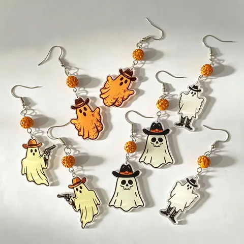 Halloween Cartoon Cowboy Ghost Acrylic Drop Earrings Creative Cute Asymmetric Pumpkin Ghost Dangle Earrings For Women Party Jewelry
