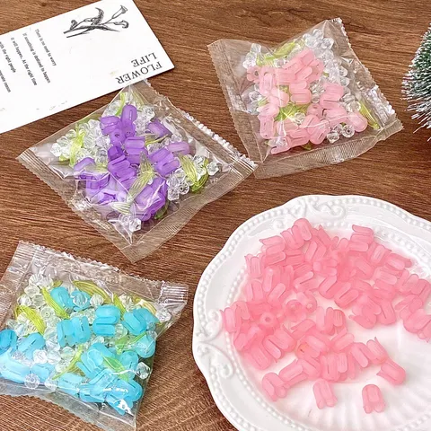 Kit de Matériel de Veilleuse Tulipe DIY Perles de Fleurs en Plastique Dépoli Feuilles pour Bouquet Fait Main Fournitures Bijoux