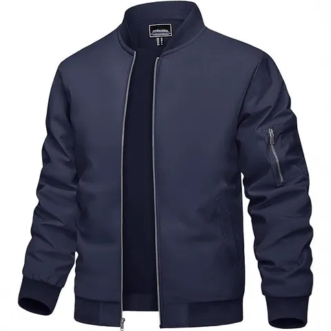 Herren Leichte Bomberjacke Casual Windbreaker Stehkragen Rippstrick-Verzierung Reißverschluss Dünner Outdoor Mantel Für Herren